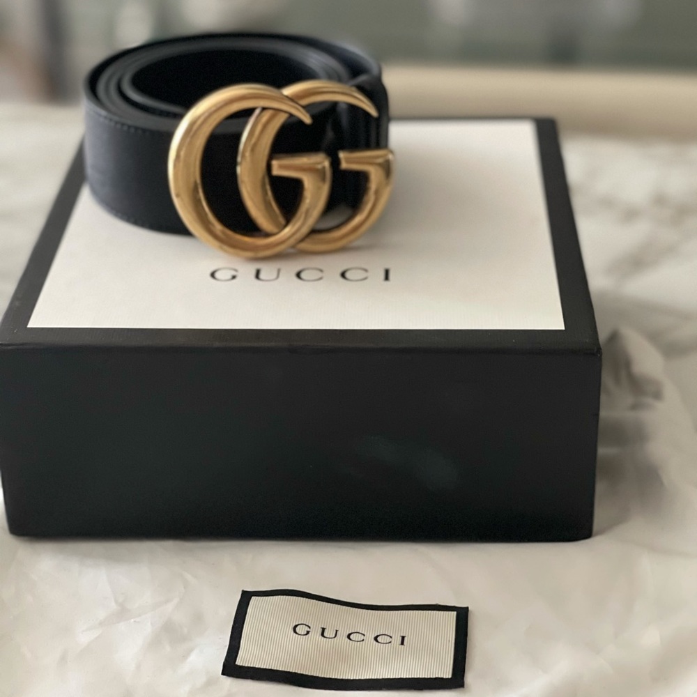 GUCCI Marmont Double CC Black and Gold Belt unisex
